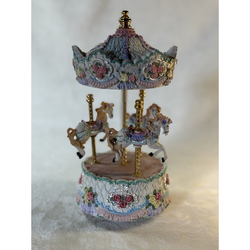 Vtg Victorian Musical Carousel Yesterday County Fair Swiss Roses Horses Circus